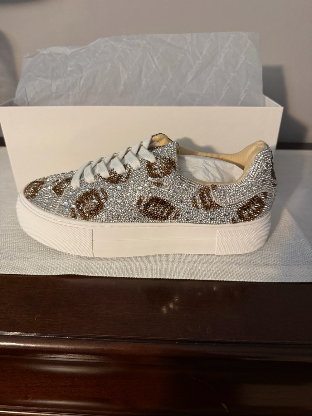 Betsey Johnson White Rhinestone Embellished Flats with Gold Accents